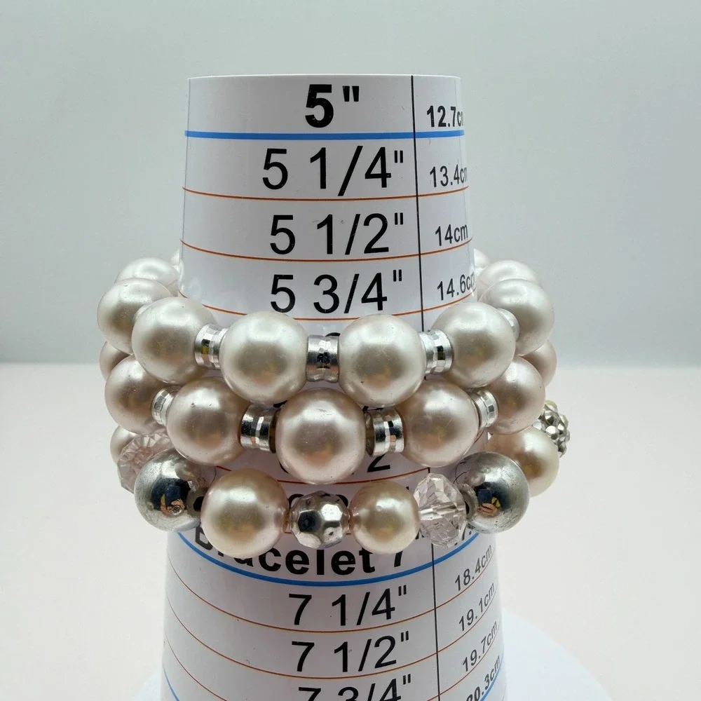 Vintage Y2K Silver Tone Faux Pearl Stretch Beaded Bracelet‎ Women's Jewelry